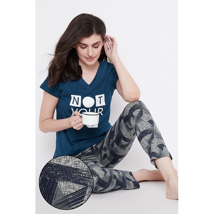 

Clovia Quirky Text Top & Pyjama Set in Dark Blue & Grey- Cotton - LSC135D08, Navy