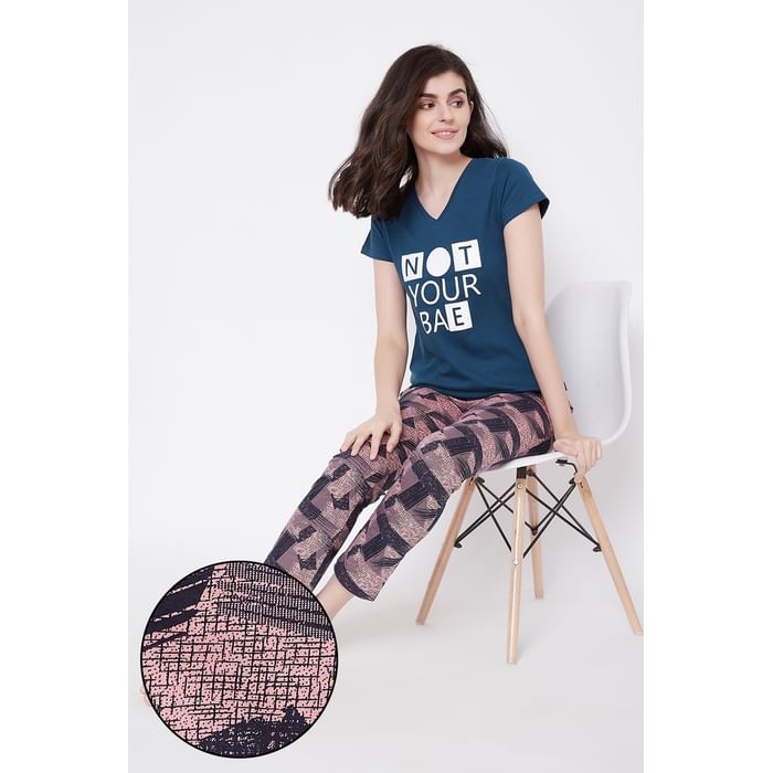 

Clovia Quirky Text Top & Pyjama Set in Dark Blue & Pink- Cotton - LSC135E08, Navy