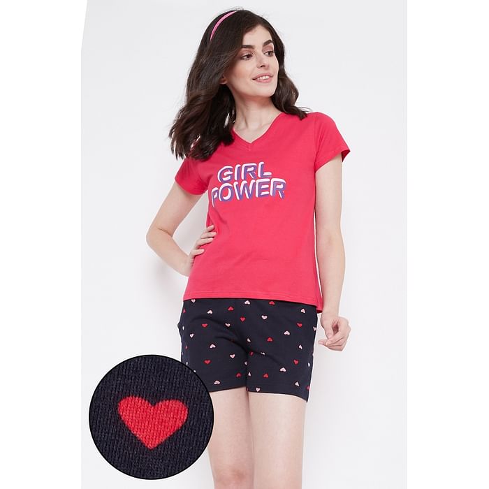 

Clovia Quirky Text Top & Heart Print Shorts in Pink & Navy- 100% Cotton - LSC135K14