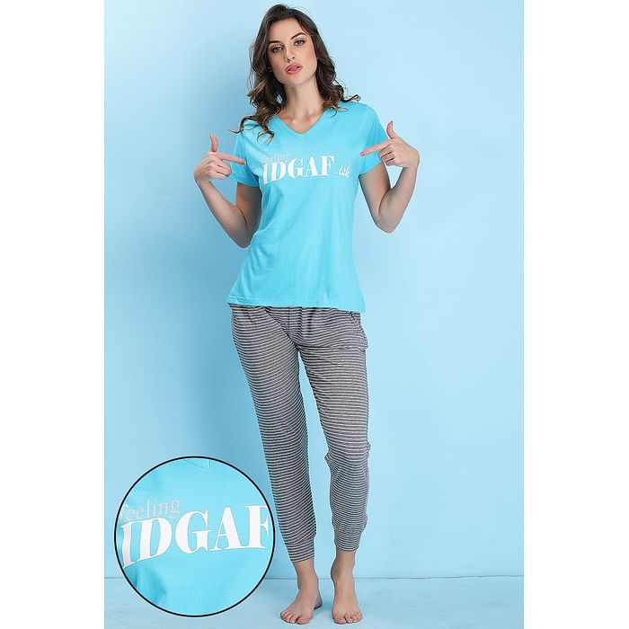 

Clovia Cotton Printed Top & Pyjama - LSC135P03, Light blue