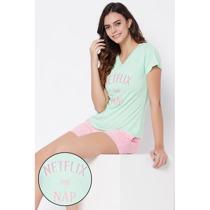 

Clovia Mint Green Text Print Top & Pink Shorts Set - Cotton - LSC135P11, Light green