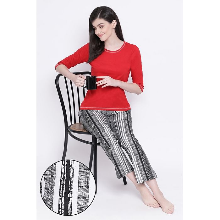 

Clovia Top & Sassy Stripes Pyjama in Red & Black- 100% Cotton - LSC137P04