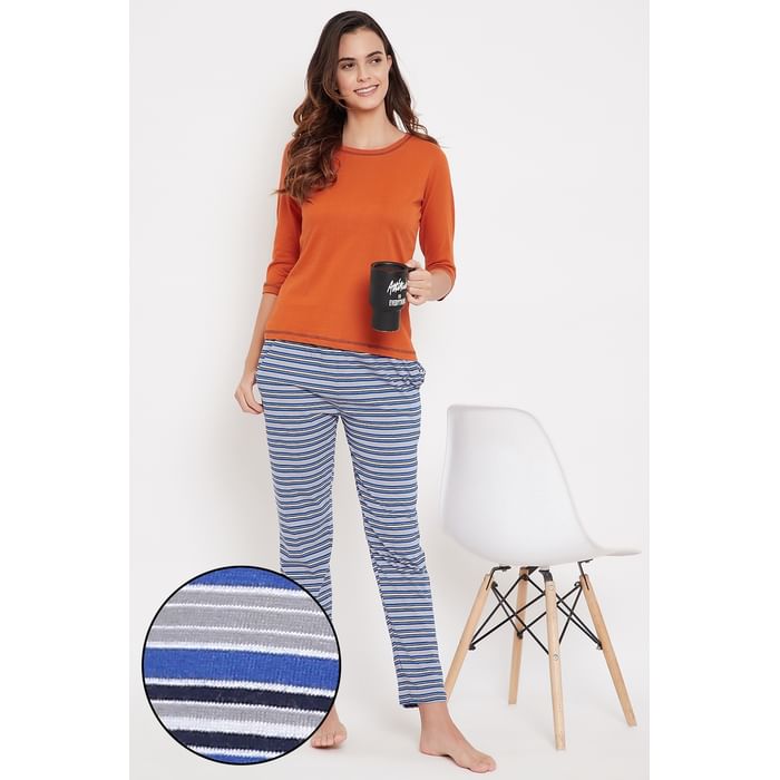 

Clovia Chic Basic Top in Orange & Sassy Stripes Pyjama in Blue - 100% Cotton - LSC137T16