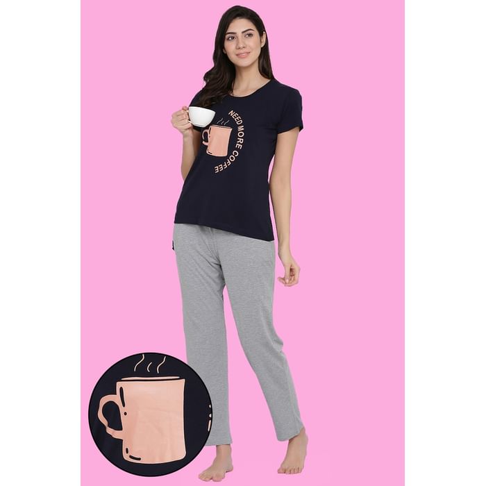 

Clovia Printed Top & Pyjama Set in Navy and Grey - Cotton Rich - LSC138P08