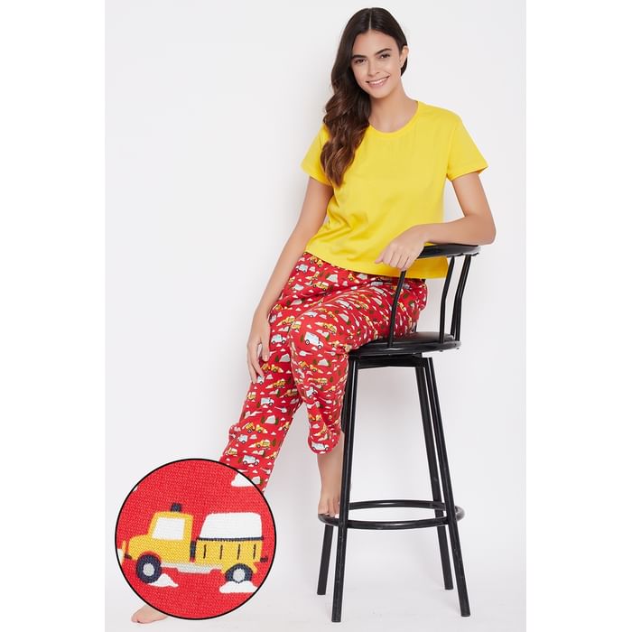 

Clovia Yellow Solid Crop Top & Red Printed Pyjama Set - 100% Cotton & Fleece - LSC139P04