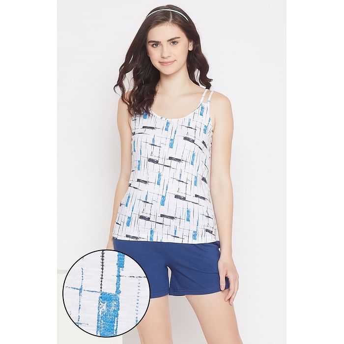 

Clovia Print Me Pretty Cami Top & Shorts in White & Navy - Cotton Rich - LSC140P08