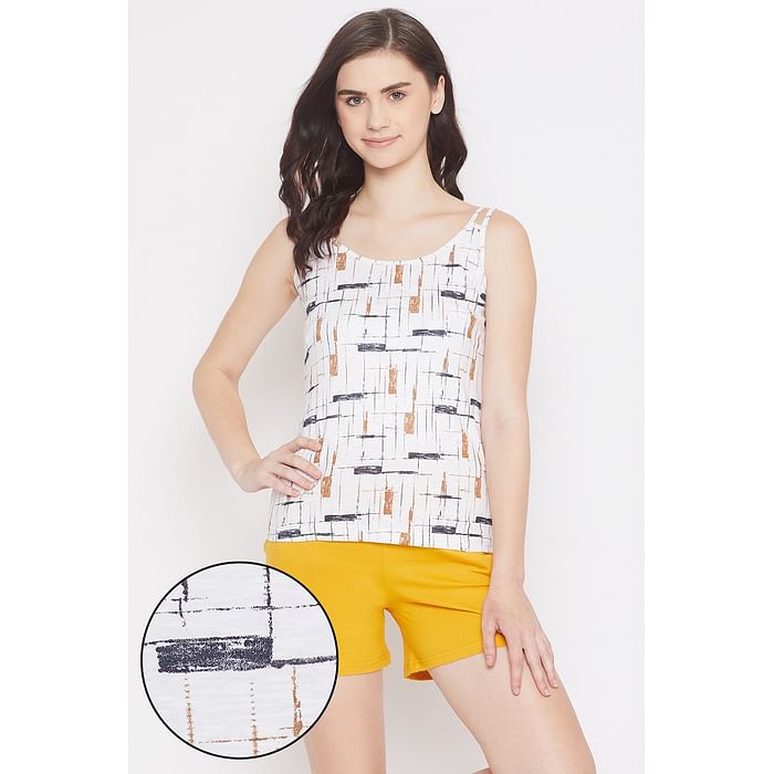 

Clovia Print Me Pretty Cami Top & Shorts in White & Mustard - Cotton Rich - LSC140P18