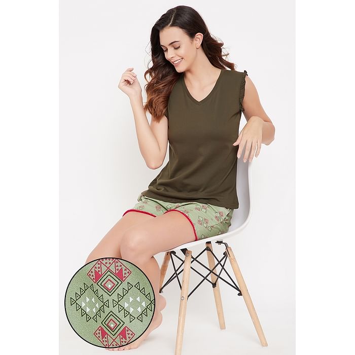 

Clovia Chic Basic Top in Olive Green & Geometric Print Boxer Shorts in Sage Green - Cotton Rich - LSC143G17, Dark green