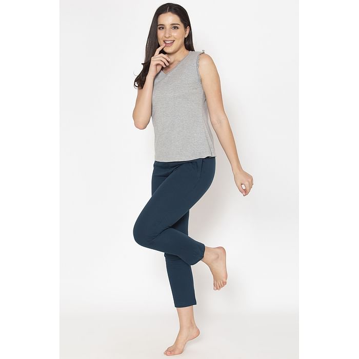 

Clovia Chic Basic Top in Grey & Pyjama in Navy - Cotton Rich - LSC143P01, Light grey
