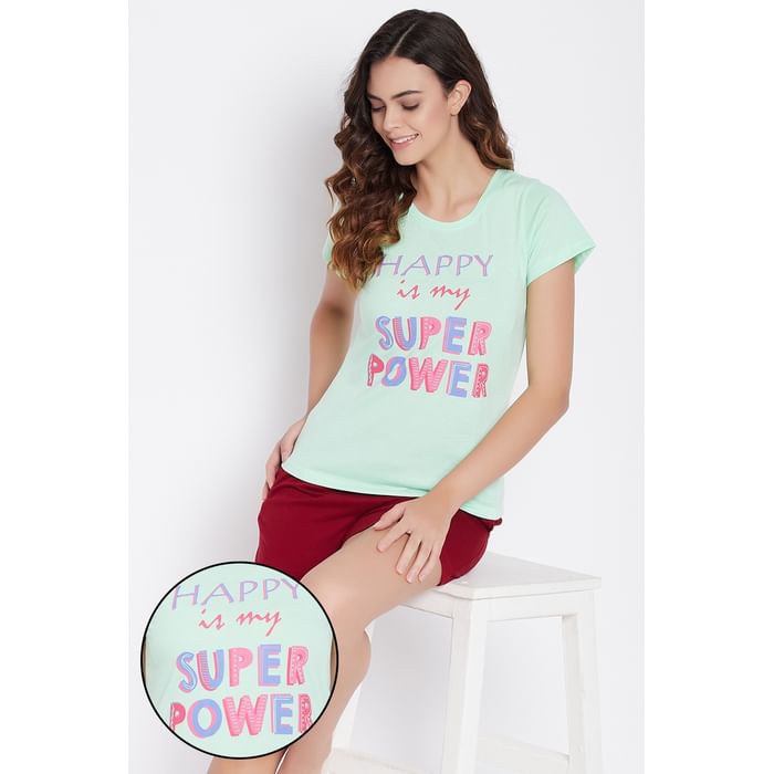 

Clovia Light Blue Text Print Top & Maroon Solid Shorts Set - Cotton - LSC145A09