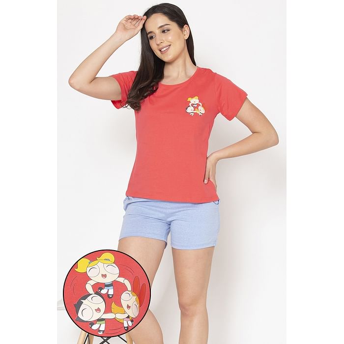 

Clovia Powerpuff Girls Print Top in Coral Red & Chich Basic Boxer Shorts in Powder Blue - Cotton - LSC145B09, Maroon