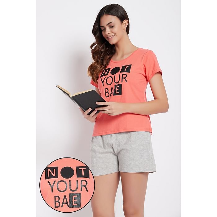 

Clovia Pink Text Print Top & Grey Solid Boxer Shorts Set - Cotton Rich - LSC145P01, Light grey