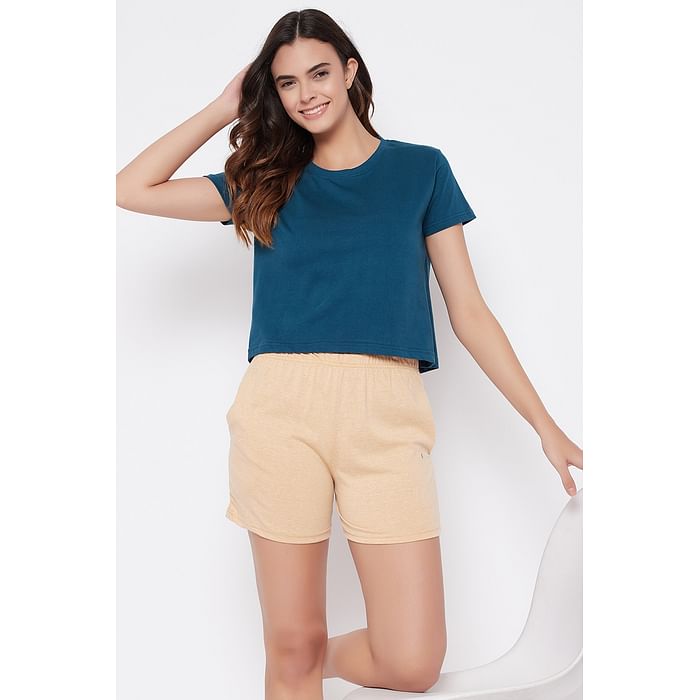

Clovia Solid Teal Crop Top & Cream Coloured Shorts Set - Cotton - LSC145P02, Light yellow