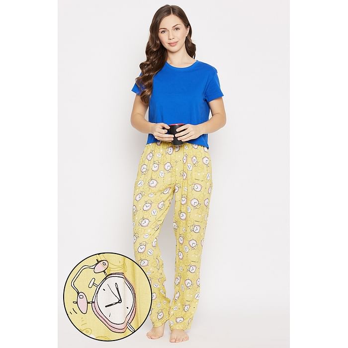 

Clovia Solid Crop Sleep T-shirt in Royal Blue & Alarm Clock Print Pyjama in Yellow - LSC151P03, Light blue