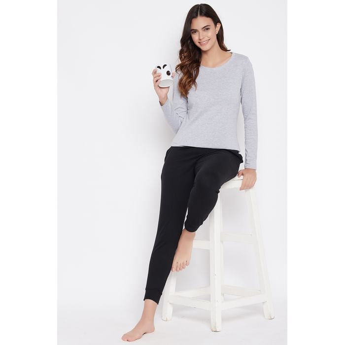 

Clovia Grey Solid Top & Black Cuffed Pyjama Set - Cotton - LSC152P01, Light grey