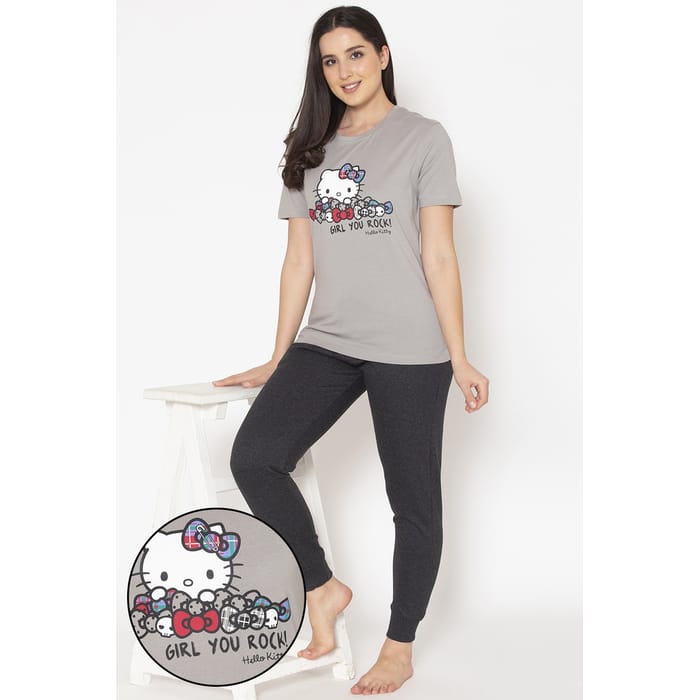 

Clovia Hello Kitty Text & Graphic Print Sleep T-shirt & Chic Basic Cuffed Joggers in Grey - LSC153A01, Light grey