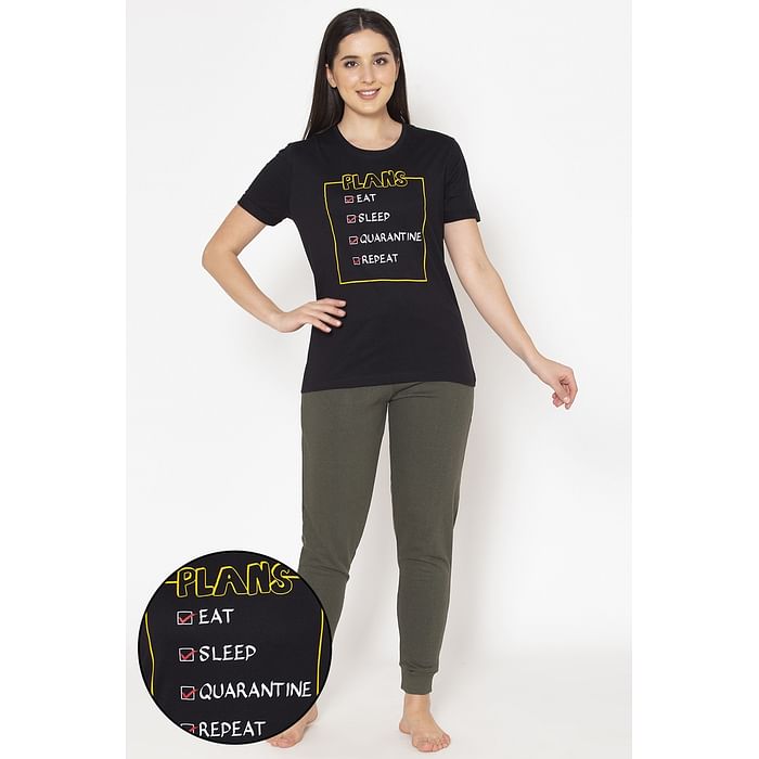 

Clovia To-Do List Print Sleep T-shirt in Black & Chic Basic Cuffed Joggers in Olive Green - LSC153A13