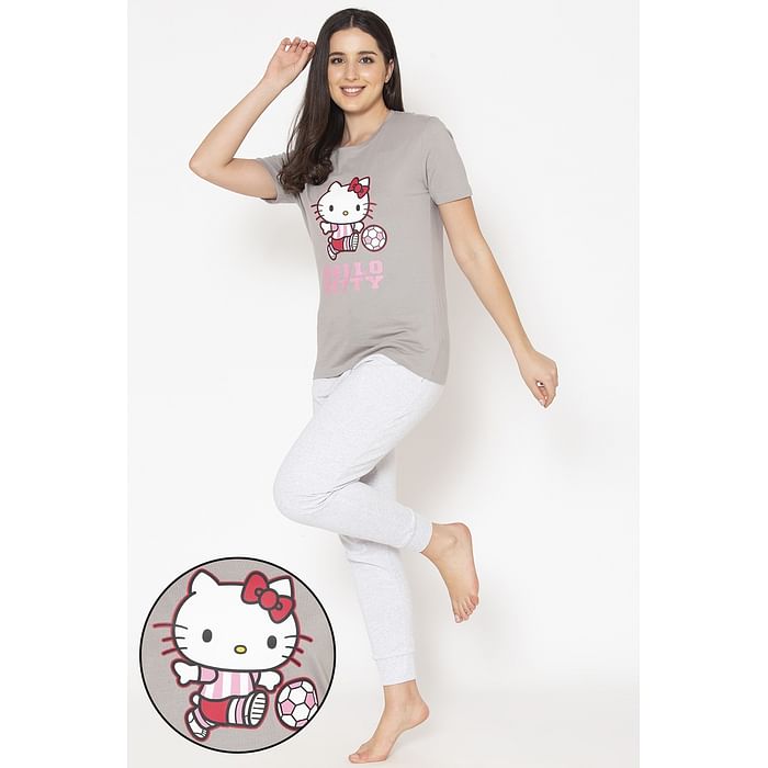 

Clovia Hello Kitty Text & Graphic Print Sleep T-shirt & Chic Basic Cuffed Joggers in Grey - LSC153P01, Light grey