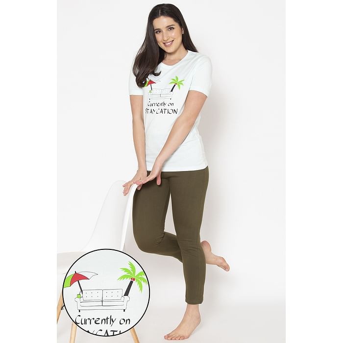 

Clovia Text & Graphic Print Sleep T-shirt in Sky Blue & Chic Basic Pyjama in Olive Green- Cotton - LSC153P03, Light blue