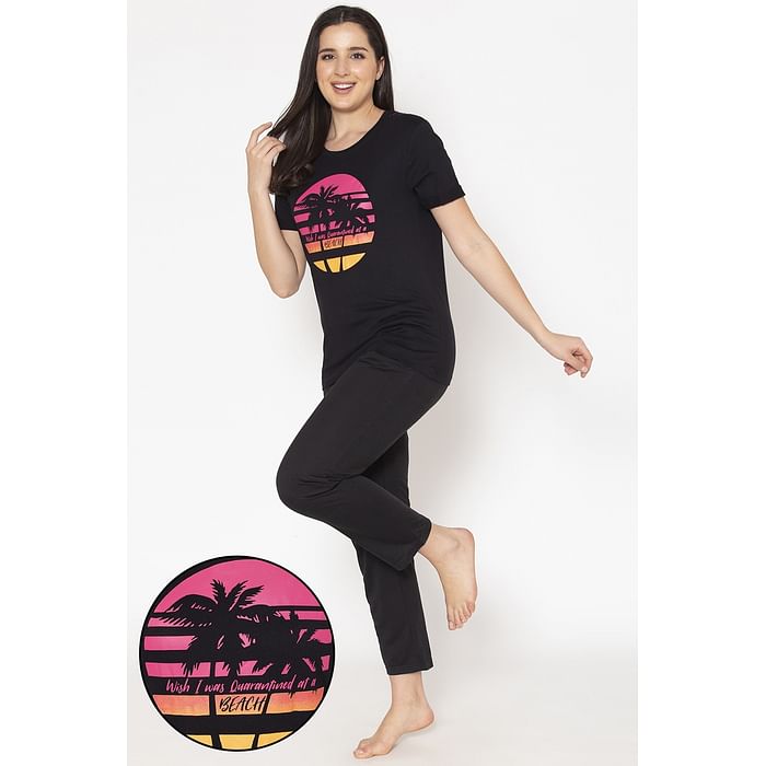 

Clovia Graphic & Text Print Sleep T-shirt in Black & Chich Basic Pyjama In Black - LSC153P13