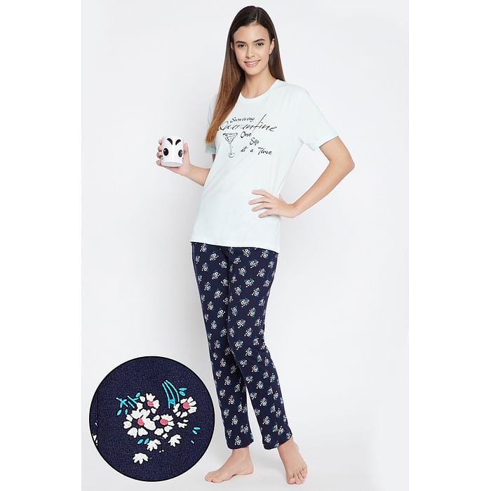 

Clovia Print Me Pretty Sky Blue Sleep T-shirt & Navy Pyjama - Cotton - LSC167H08