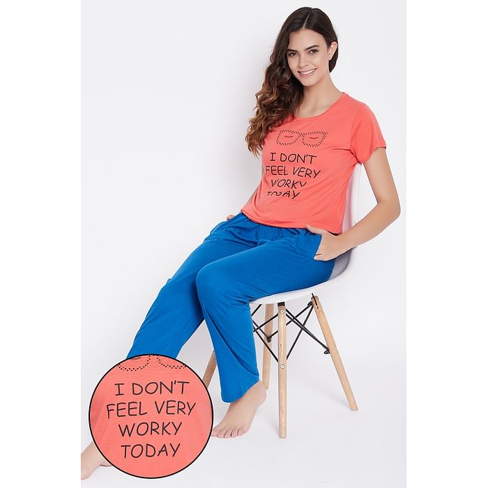 

Clovia Peach Text Print Top & Cobalt Blue Solid Pyjama Set - Cotton - LSC173A08, Navy