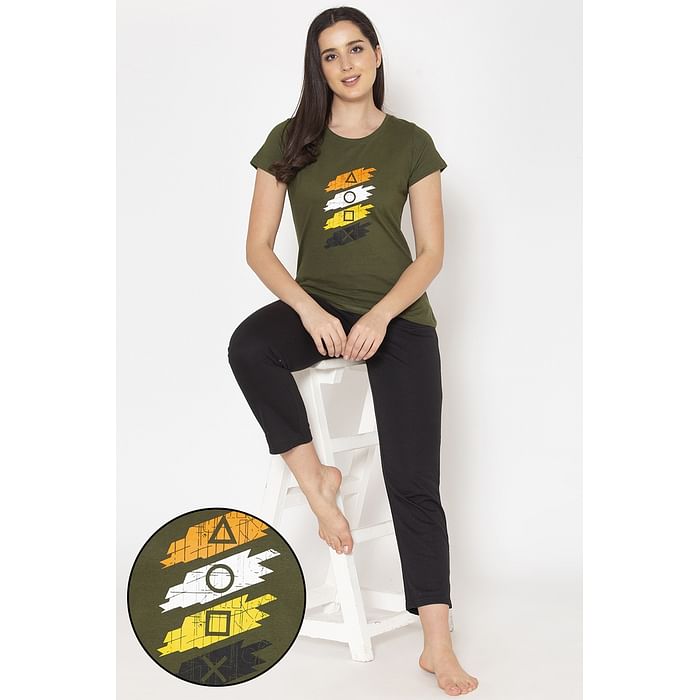 

Clovia Printed Sleep T-shirt in Olive Green & Chic Basic Pyjama In Black - LSC173A17, Dark green