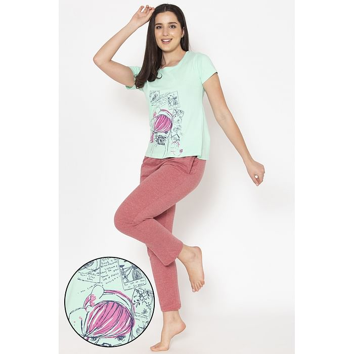 

Clovia Print Me Pretty Top in Light Green & Chic Basic Pyjama in Dusty Pink - Cotton - LSC173H11