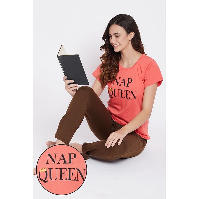 

Clovia Peach Text Print Top & Dark Brown Solid Pyjama Set - Cotton - LSC173P06