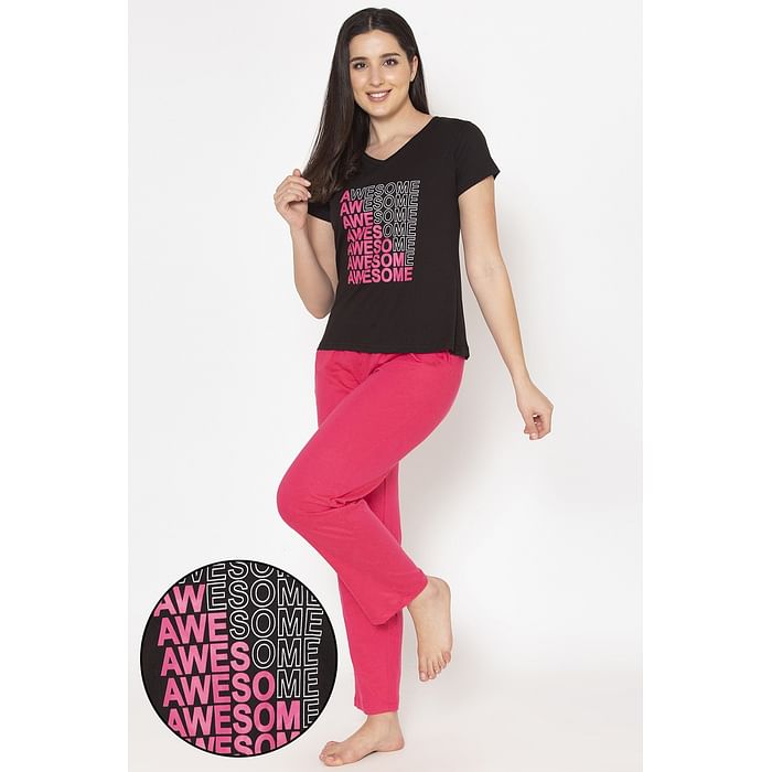 

Clovia Text Print Sleep T-shirt in Black & Pyjama with Elastic Waistband in Pink - Cotton - LSC173P13