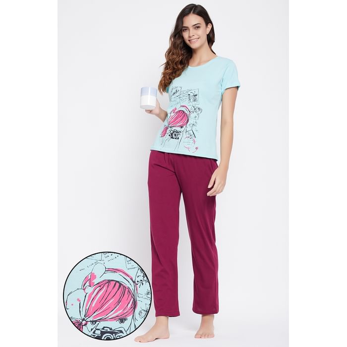

Clovia Light Blue Printed Top & Purple Pyjama Set - Cotton - LSC173P15