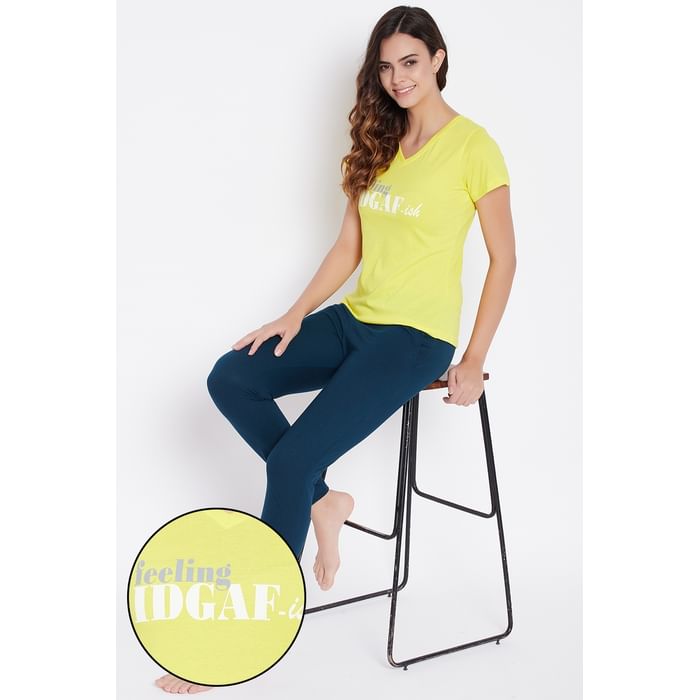 

Clovia Neon Yellow Text Print Top & Navy Solid Pyjama Set - Cotton - LSC173P36, Teal