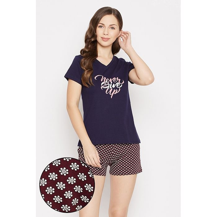 

Clovia Text Print Sleep T-shirt in Navy & Pretty Florals Boxer Shorts in Maroon - 100% Cotton - LSC174A09