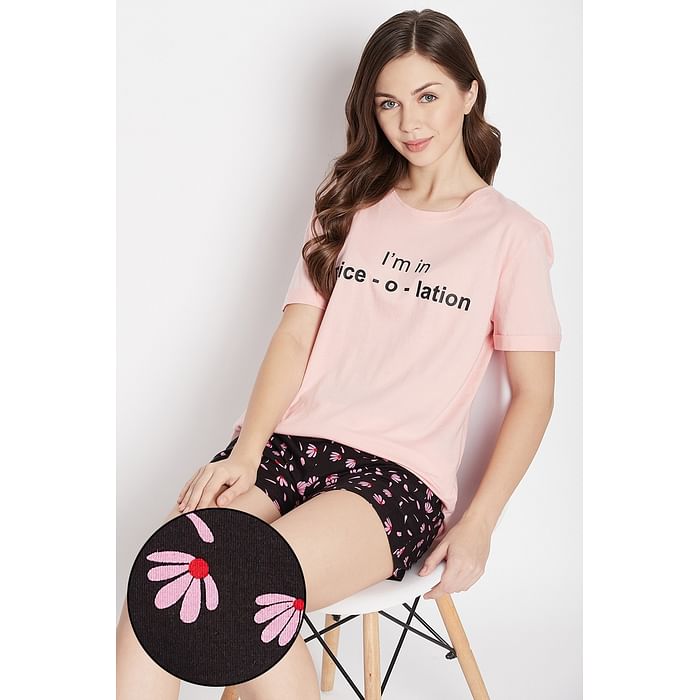 

Clovia Text Print Sleep T-shirt in Baby Pink & Pretty Florals Boxer Shorts in Black - 100% Cotton - LSC174E13