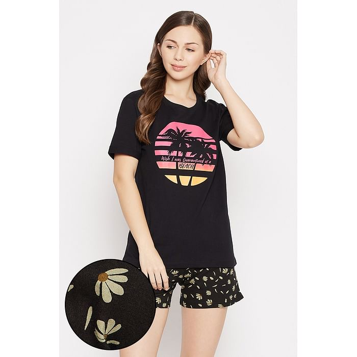 

Clovia Graphic & Text Print Sleep T-shirt & Pretty Florals Boxer Shorts in Black - 100% Cotton - LSC174F13