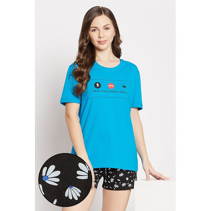 

Clovia Text & Graphic Print Sleep T-shirt in Blue & Pretty Florals Boxer Shorts in Black - 100% Cotton - LSC174G13