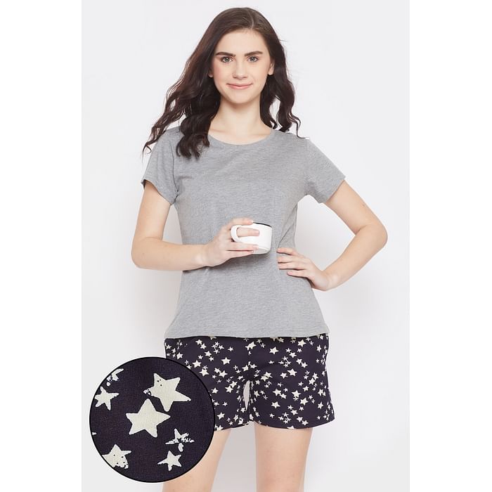 

Clovia Starry Nights Top & Shorts in Grey & Dark Blue - LSC174J08, Navy