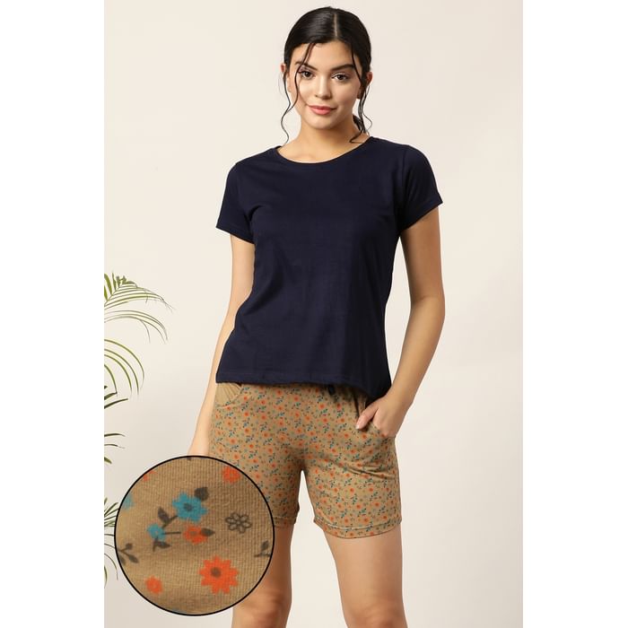

Clovia Print Me Pretty Top & Boxer Shorts in Blue & Beige- Cotton Rich - LSC174P24, Nude-colour