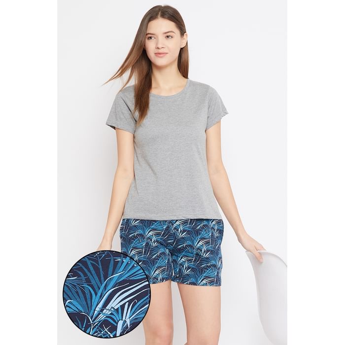 

Clovia Solid Top & Print Me Pretty Shorts in Grey & Navy - Cotton Rich - LSC174P36, Teal