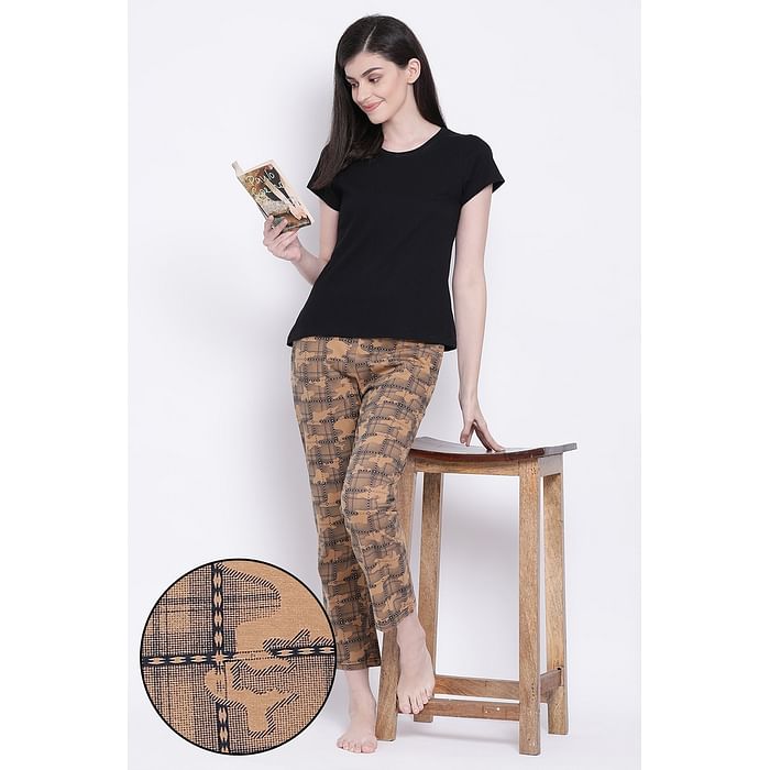 

Clovia Chic Basic Top & Print Me Pretty Pyjama in Black & Brown - Cotton Rich - LSC176E06