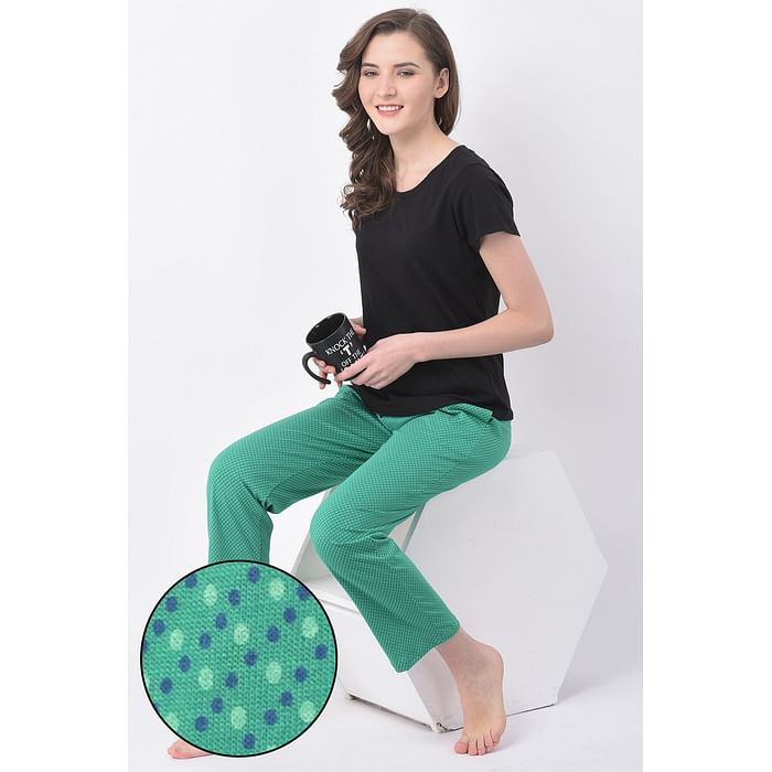 

Clovia Print Me Pretty Top & Pyjama Set in Navy & Green - Cotton Rich - LSC176E17, Dark green