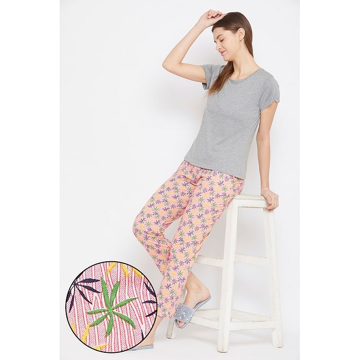 

Clovia Solid Top & Pretty Florals Pyjama in Grey & Peach Pink - Cotton Rich - LSC176E19, Multicolour