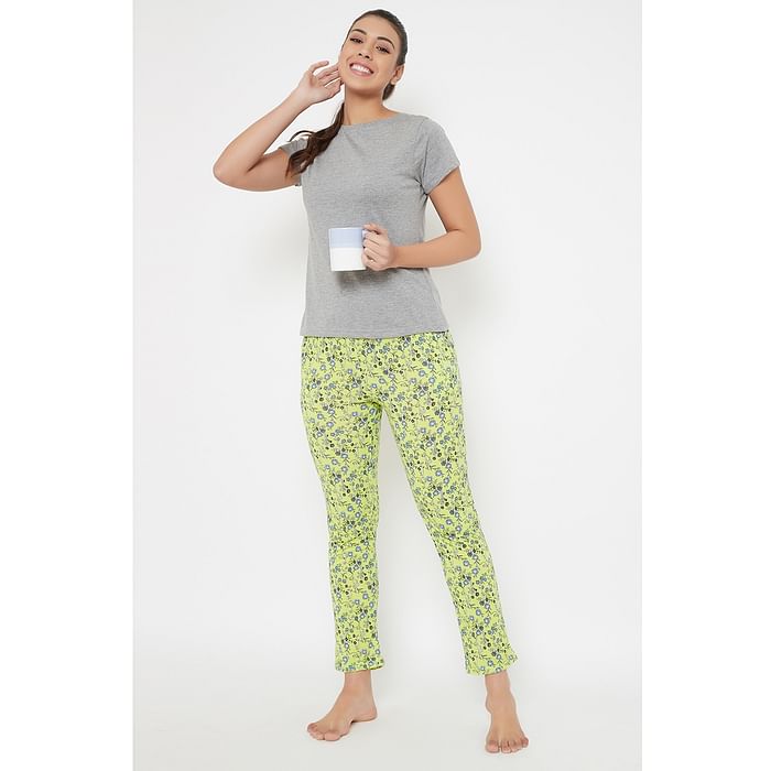 

Clovia Solid Top & Print Me Pretty Pyjama in Grey & Lemon Yellow - Cotton Rich - LSC176F02, Light yellow