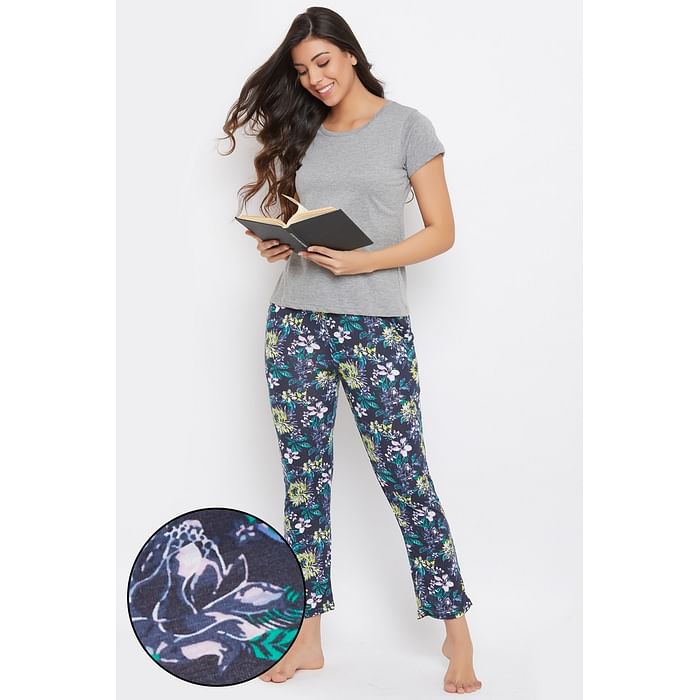 

Clovia Solid Top & Pretty Florals Pyjama in Grey & Navy - Cotton Rich - LSC176H19, Multicolour