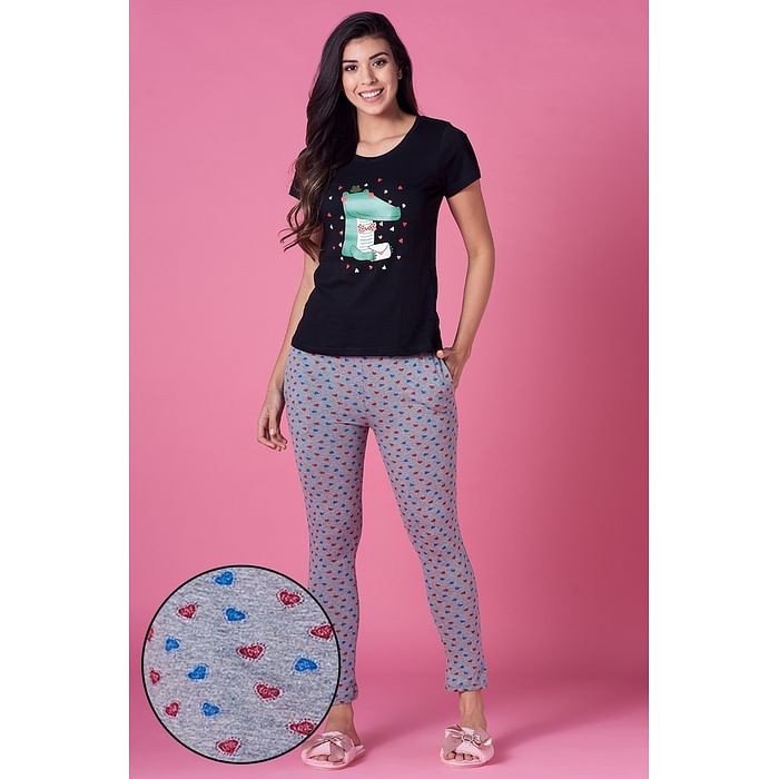 

Clovia Dragon & Heart Print Top & Heart Print Pyjama in Black & Grey - Cotton Rich - LSC176J01, Light grey