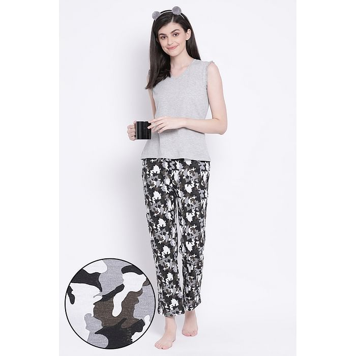 

Clovia Chic Basic Top & Camouflage Print Pyjama in Grey & Black- Cotton Rich - LSC176N13