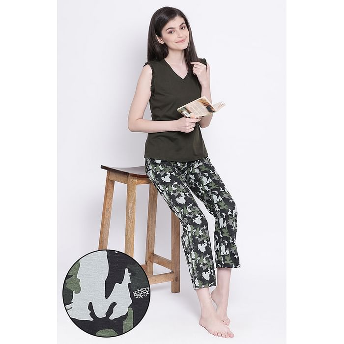 

Clovia Chic Basic Top & Camouflage Print Pyjama in Olive Green & Black - Cotton Rich - LSC176O13