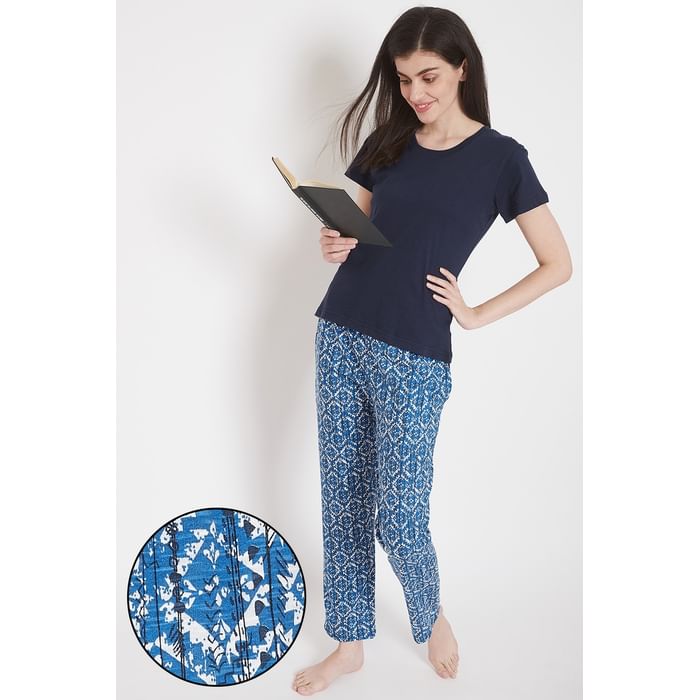 

Clovia Chic Basic Top & Printed Pyjama in Blue - Cotton Rich - LSC176X08, Navy