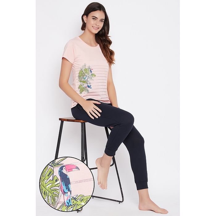 

Clovia Light Pink Printed Top & Navy Cuffed Pyjama Set - Cotton - LSC178D08