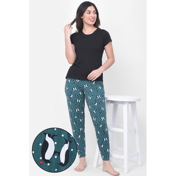 

Clovia Top & Print Me Pretty Pyjama in Black & Green- Cotton Rich - LSC178P17, Dark green